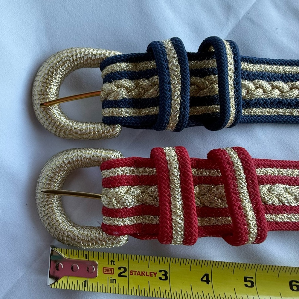 Set of 2 Vintage Size Large Red and Navy Woven Belts w/ Gold Braiding